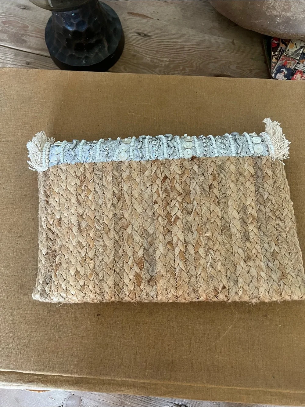 Tolani Natural Straw Clutch with Cream Embroidered Fringe Flap